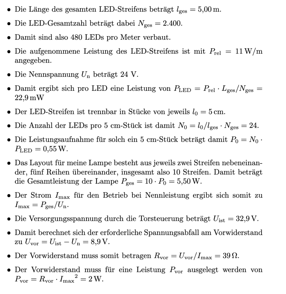 Berechnung des Vorwiderstands, gesetzt in LaTeX